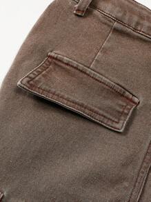 Tween Girl Y2K 甜美酷炫都市风格平口袋可调节喇叭牛仔裤 - 咖啡棕 - 查看 5