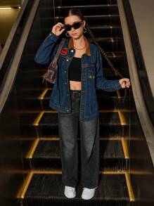 SHEIN Explorewe Teen Girl Retro Y2K Denim Jacket, Casual School Style