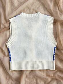 Soleia 休闲V领撞色复古花纹针织背心 - 藍白色 - 查看 2