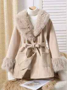 Sparklyn Tween Girl Fluffy Collar & Cuff Pocket Belted Coat