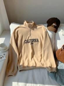 Comfortcana Apricot Slogan Print Fuzzy Pullover Sweatshirt For Women, School - Khaki - View 4