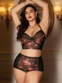 大碼印花網紗內衣套裝