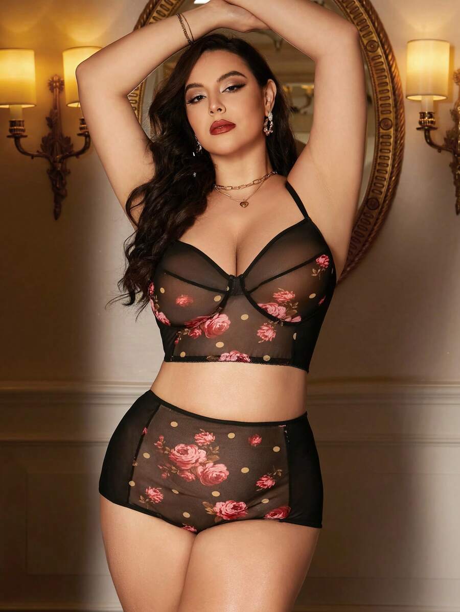 大碼印花網紗內衣套裝