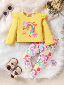 SHEIN 女婴可爱印花盖袖套装，秋冬 - 黃色 - 查看 1