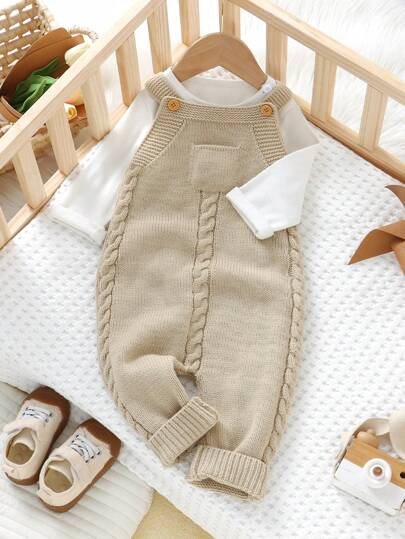 SHEIN Suéter de punto simple y elegante de color verde claro con peto para bebé niño