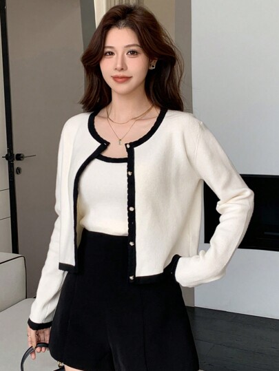 DAZY 2pcs/Set Women Contrast Color Cami Top Cardigan,Fall Clothes Women Sweater