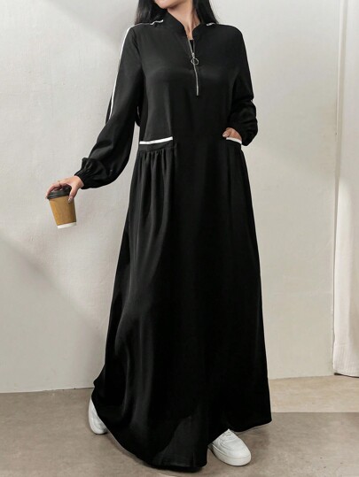 Al Najma Women's Zipper Long Sleeve Fashion Pockets Gentle & Elegant Arabian Style Modest Dress, Casual Sporty For Casual Daily/Work/Back To School, Maxi Length Arabian Dresses