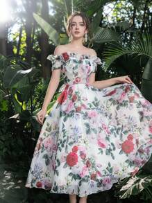 Off Shoulder Lace Up Back Ruffle Trim Floral Organza Homecoming Prom Dress Perfect For Back To School, Gathering, Dance & Cocktail Events, White Elegant Semi Formal Dress, For Birthday, Wedding Guest, Graduation