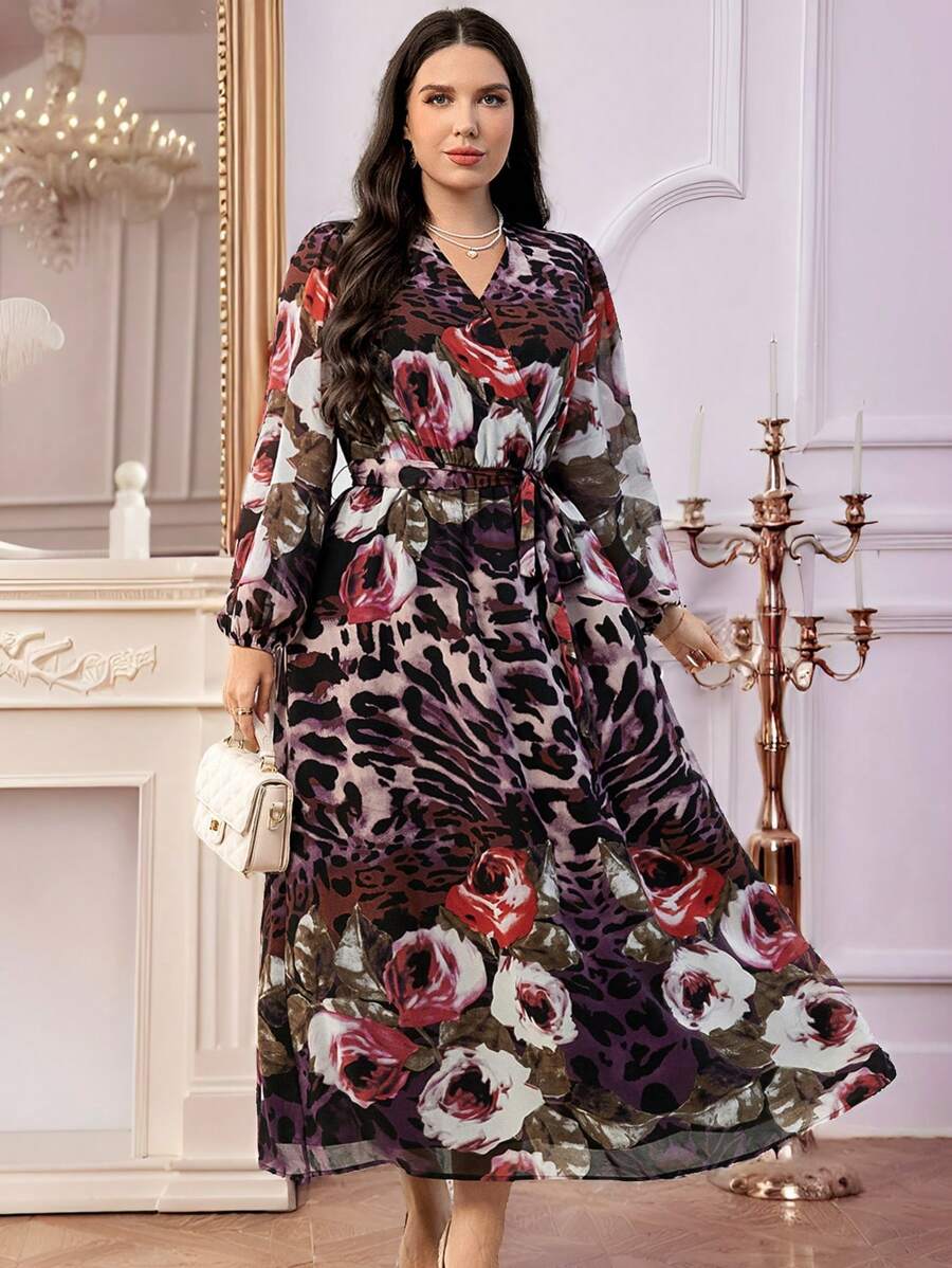 Modelyn 大码女士春夏满印花缺口 V 领灯笼袖长款优雅连衣裙 - 彩色 - 查看 1