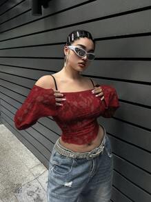 SHEIN MOOSTA Plus Size Women Off-Shoulder Hollow-Out Long Sleeve Top - Burgundy - View 7