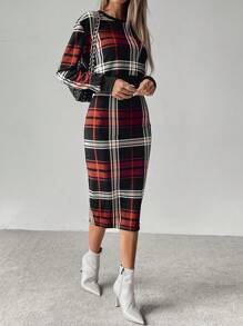 SHEIN Clasi 2 件女式格子印花圆领长袖上衣和裙子套装 - 彩色 - 查看 4