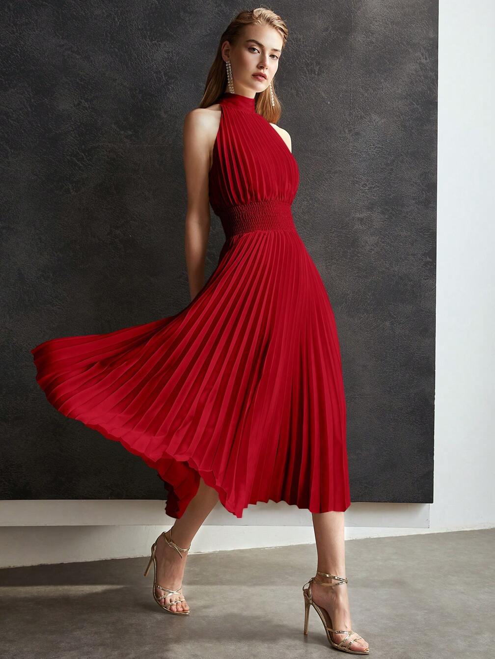 shirred waist halter dress MOTF SOLID NECK PLEATED LONG DRESS｜Motf Halter mini