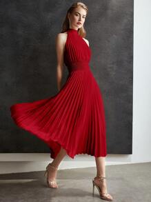 MOTF PREMIUM Robe longue plissée à col ras-du-cou et taille froncée, unie