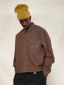 SUMWON Crop Fit Long Sleeve Denim Shirt With Embroidered Pocket - Coffee Brown - View 1