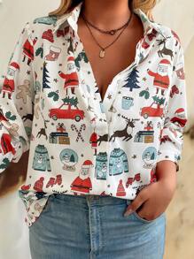 Calvaya 大码纽扣长袖全印花休闲衬衫