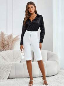 SHEIN Privé Women's Autumn Elegant White Front Zipper  Capri  Pants. Fall Pants. White Women Pants. Suitable For Casual Sports, Airport.