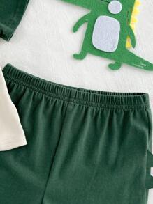 Cozy Pixies 2 Chiếc Bé Trai Hoạt Hình Họa Tiết Khủng Long Màu Sắc Tương Phản Mềm Đan Cổ Tròn Rớt Vai Áo Thun Tay Ngắn & Quần Short Bộ - Màu be - Xem 6