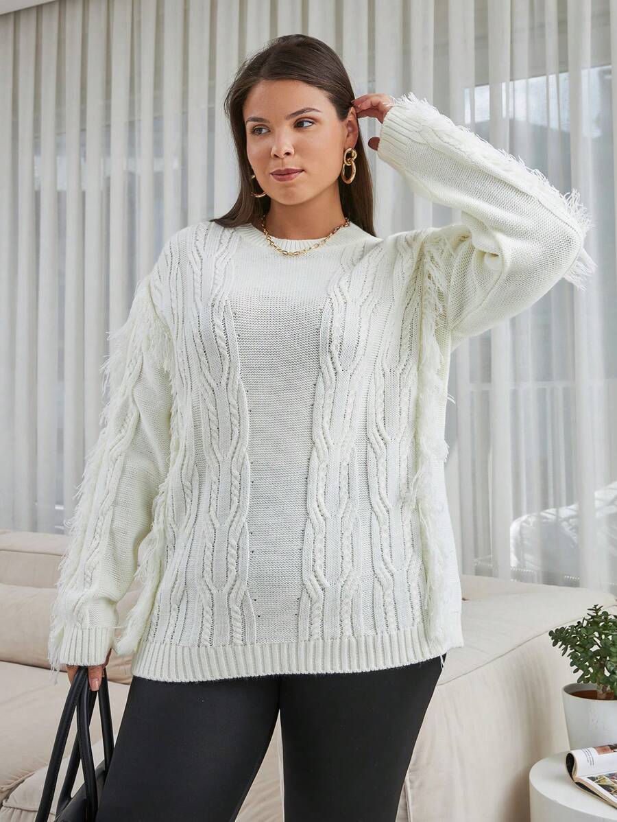 RueChic Plus Size Knitwear Fringe Detail Pullover - White - View 1