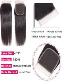 Straight Hair 180% Density 1pc Invisible True 4X4 Lace Closure Single Tiny Knots Silky Straight Human Hair Pre Plucked With Baby Hair For Women Natural Black Color 8-18 Inch