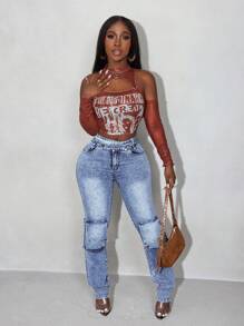 Slaydiva Front Button Simple Multi-Pocket Casual Denim Jeans