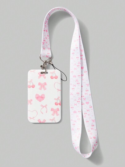 Kawaii 1pc Lovely Cherry Pink Bow Card Holder & Lanyard