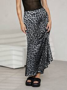 SHEIN EZwear Women's Long Straight Leopard Print Woven Skirt