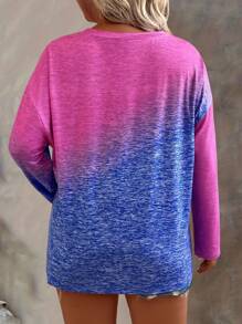 Plus Size Ronde Hals Lange Mouw Ombre Letter Print T-shirt, Casual Dagelijkse Kleding Grafische T-shirts Dames Tops Voor Lente Outfit