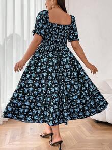 SHEIN SunnyBelle 大码方领短袖花卉印花度假连衣裙 - 黑色 - 查看 2