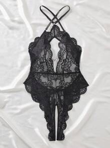 1 件女式蕾丝蝴蝶结紧身衣，坏蛋造型 - 黑色 - 查看 3