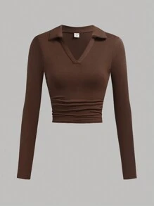 SHEIN Girlism Teen Girl 3 Piece Set Apricot, Brown, Black Crew Neck Ruched Waist Fitted Casual School Style Knit T-Shirts, Fall Top