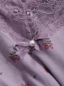 DAZY Lace Patchwork Ditsy Floral Ruffle Trim Short Sleeve Sleepwear Set Pajama