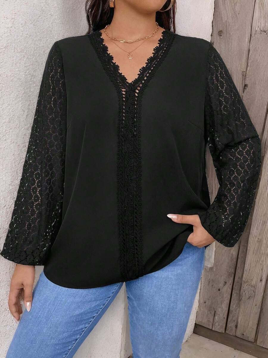 SHEIN Clasi Plus Contrast Kant Lantaarn Mouw Zwarte Blouse