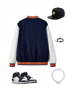 SHEIN Jaqueta de beisebol com estampa de letras em inglês e bloco de cores casual para meninos adolescentes, adequada para outono, inverno, quente, escola, casa, diário, esportes, versátil, simples - Multicolorido - Ver 2