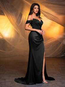 Glamrae Elegant&Luxurious Off-Shoulder Flared Sleeve Beaded Bust Cup Boned Patchwork Ruffled High Slit Fishtail Hem Black Formal Evening Gown For Prom&Wedding - Black - View 6