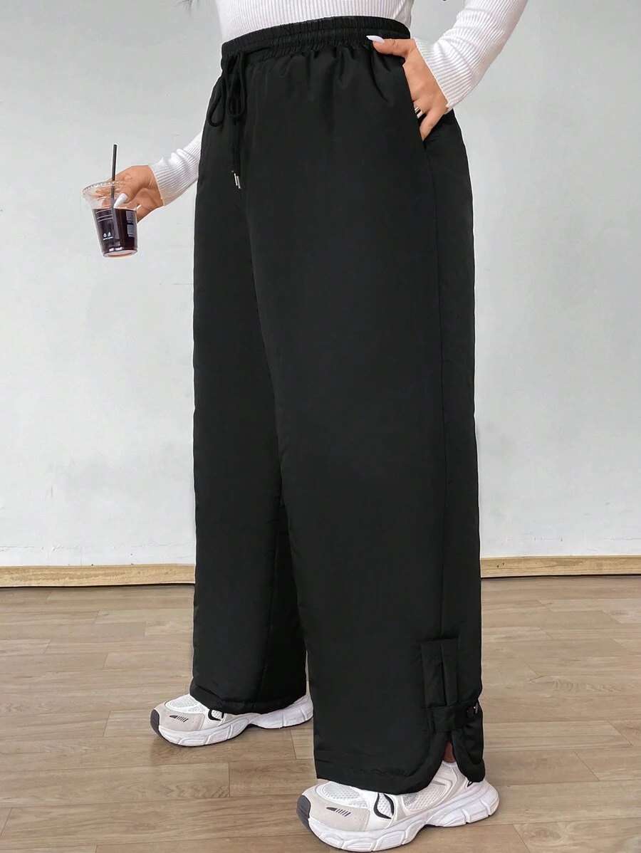 Flirla Pantalones holgados de unicolor con cordón en la cintura para tallas grandes - Negro - Ver 1