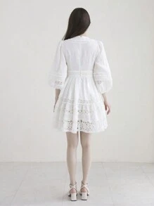 DAZY Ladies Lace Patchwork Elegant Midi Dress,Ruffle,Fall Dress Long Sleeve Dress