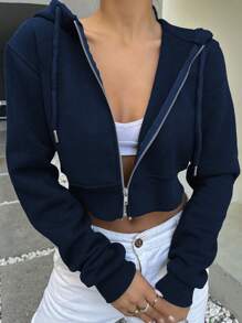 INAWLY Women's Solid Color Navy Blue Zip Up Front Long Sleeve Hoodie Crop Sweatshirt, Spring/Autumn,Long Sleeve Top,Graduation,Teacher,Back To School Pullover Fall - Royal Blue - View 4