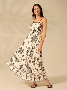 CAJUNI 女士波西米亚风印花、热带椰子树、豹纹、菠萝黑色印花、露背米色超长连衣裙、夏季休闲、海滩度假连衣裙 - 彩色 - 查看 10