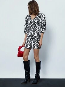 Maija Women's V-Neck Balloon Sleeve Straight Elegant Short Casual Dress Fall Women Clothes