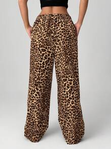 SHEIN EZwear 豹纹编织阔腿街头风格女裤 - 卡其色 - 查看 2