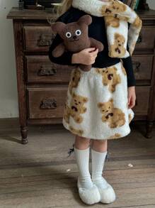 SHEIN LMoss Kids LMoss 2pcs Set: Knit Plain Round Neck Ruffle Trim Casual T-Shirt And Woven Fleece Skirt With Scarf For Young Girls