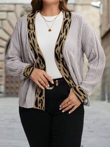 SHEIN LUNE 大码女式秋冬斑马条纹拼布长袖休闲宽松针织开衫