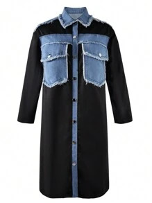 SHEIN Tween Girls' Denim Patchwork Mid-Length Jacket - Multicolor - View 3