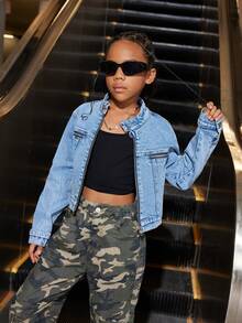 Tween Girls Casual Comfortable Soft Washed Zipper Decor Street Chic Denim Jacket - Medium Wash - View 5