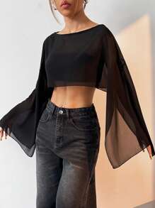SHEIN EZwear Blusa Solta e Curta de Manga Morcego com Gola Redonda e Cor Sólida, Manga Três Quartos, Primavera/Verão