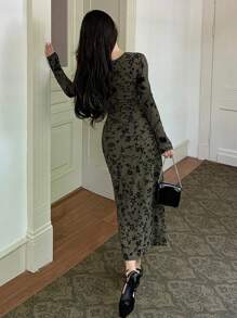 DAZY 女士全印花雪纺长袖派对/返校秋季长裙优雅长款连衣裙 - 墨綠色 - 查看 5