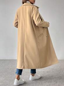 SHEIN LUNE 女式纯色翻领落肩长袖休闲双排扣口袋羊毛大衣，秋冬款 - 駝色 - 查看 2