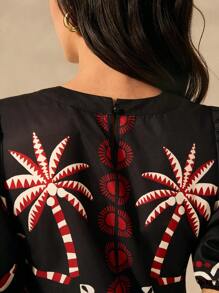 CAJUNI 女士波西米亚风印花、热带椰子和菠萝印花、泡泡袖半袖长款黑色连衣裙、夏季休闲、海滩度假连衣裙 - 彩色 - 查看 9