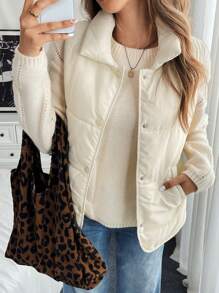 Chiquease 女士纯色简约风格无袖加厚羽绒背心，适合日常穿着 - 米色 - 查看 3