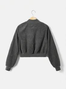 SHEIN EZwear Damen Einfarbig, minimalistische lässige Textured Baseball Jacke mit Langarm - Grau - Übersicht 2